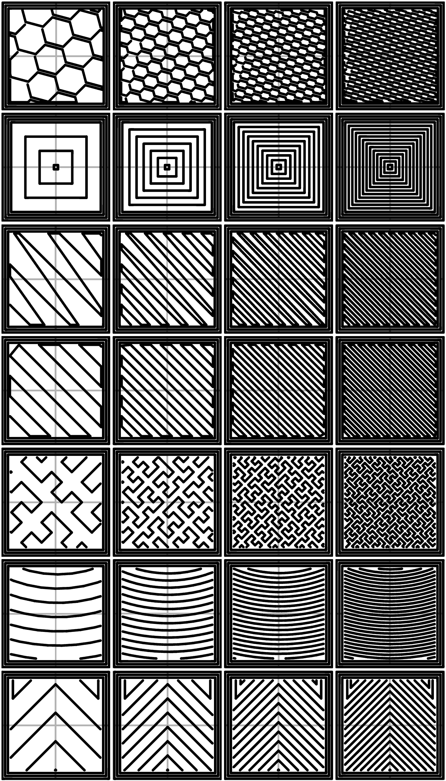Infill patterns at varying densities. Left to Right: 20%,40%,60%,80%. Top to Bottom: Honeycomb, Concentric, Line, Rectilinear, Hilbert Curve, Archimedean Chords, Octagram Spiral