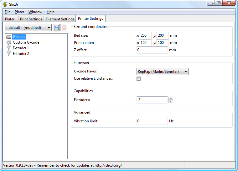 Multiple extruder options - Printer Settings Tab (General). Note the two extruders defined in the left-hand pane.