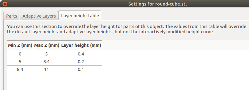 User defined table of layer heights certain ranges of the object.