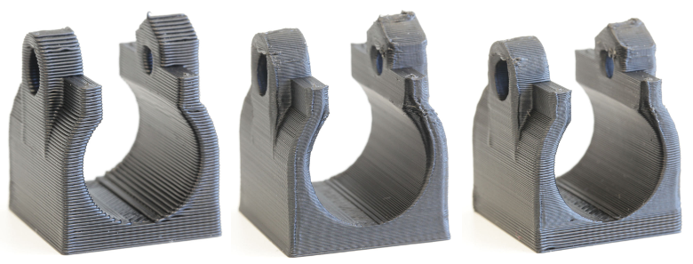 The same object printed with static thick layers (left), static thin layers (center) and adaptive layers (right).