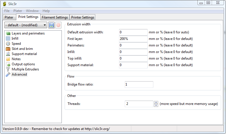 Extrusion widths options.