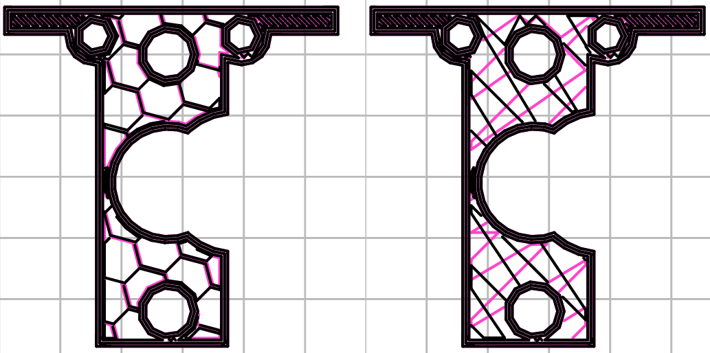 Infill pattern comparison in a complex object. Left to Right: honeycomb, line