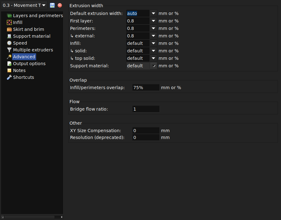 Extrusion widths options.