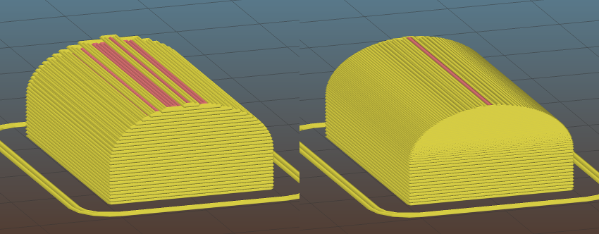 Static coarse layer height (left) and adaptive heights generated by Slic3r (right).