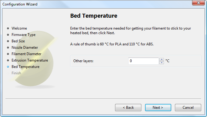 Configuration Wizard: Bed Temperature