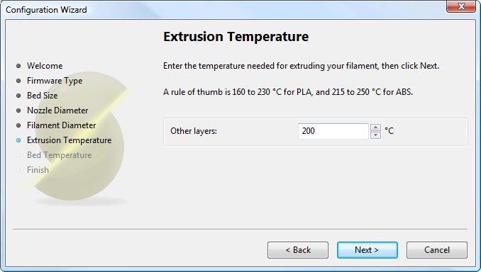 Configuration Wizard: Extrusion Temperature