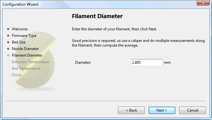 Configuration Wizard: Filament Diamter