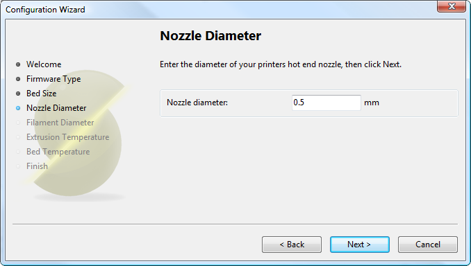 Configuration Wizard: Nozzle Diameter